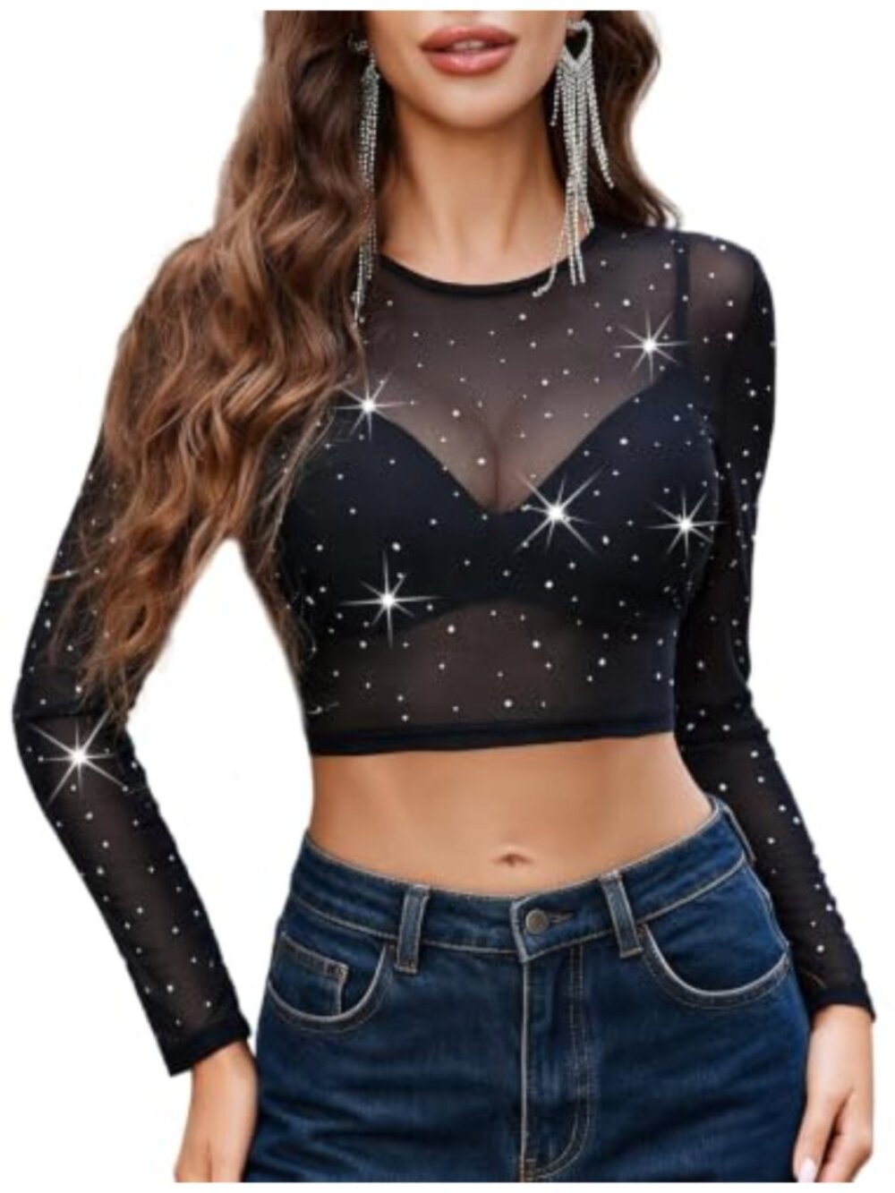 Women Mesh Crop Top Long Sleeve Round Neck See Through Clubwear